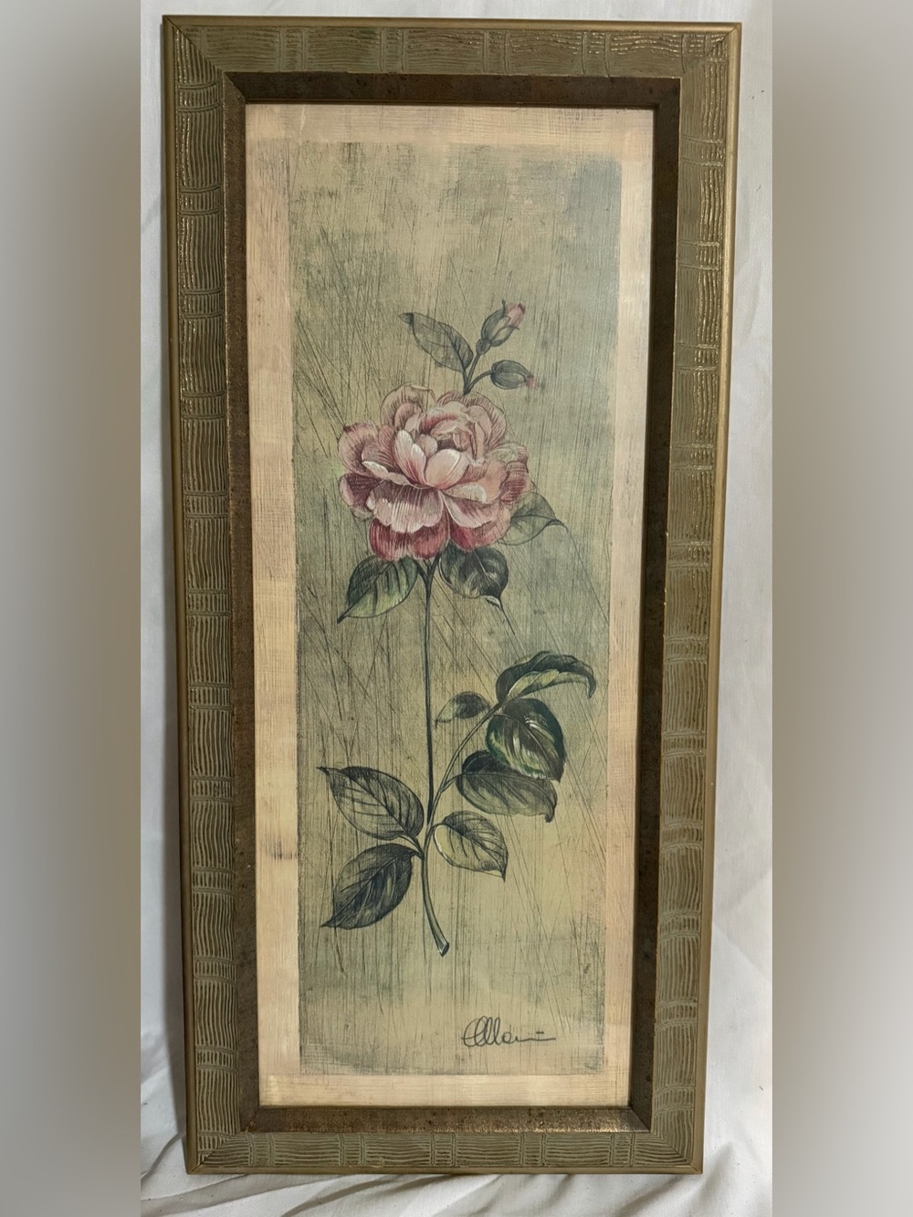 Vintage Mid-Century Floral Rose Print by Allen, Faux Wood & Gold Frame